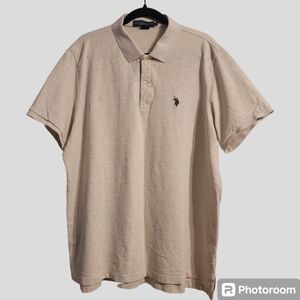 U.S. POLO ASSN. Shirt Men's XXLarge Beige Heathered Blue Pony High-Low Split Hem